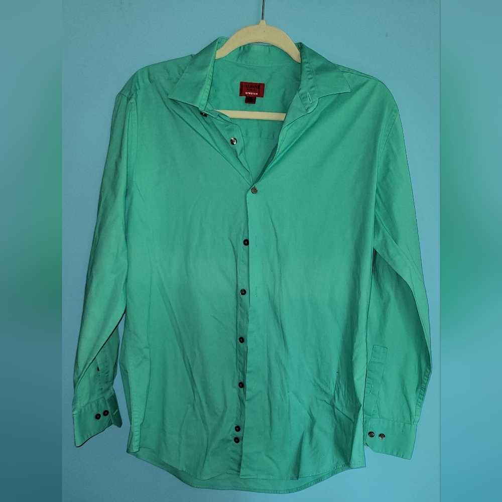 Alfani Teal Slim Fit Stretch Long Sleeve Collared Dress Shirt Size Medium